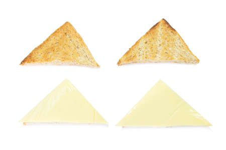 Sandwich whole wheat toast and fresh cheese on white backgroundの写真素材