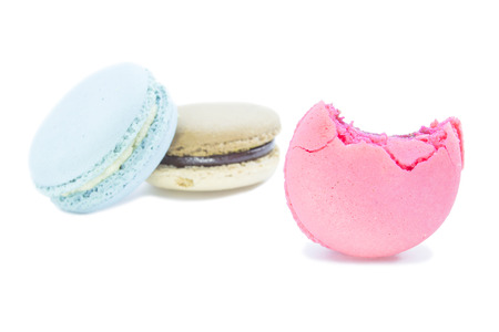 Bite gourmet macaron strawberry flavour on white backgroundの写真素材