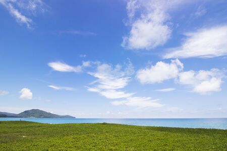 Green grass near by the sea on blue sky backgroundの写真素材