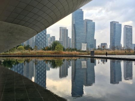 High rise building reflection behind Tri-bowl in Incheon South Koreaのeditorial素材
