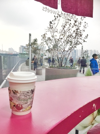 Seoullo 7017 pink cafe in middle of walkway with garden viewのeditorial素材