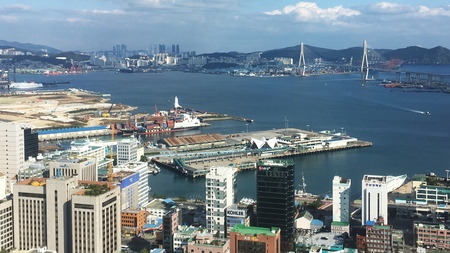 Busan port city with gwangan bridge and nature backgroundのeditorial素材