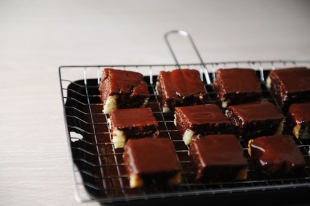 Dessert lamington with chocolate icing on baking tray with grillの写真素材