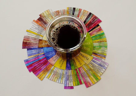 Specialty coffee concept. Black filter coffee in glass on tasters flavor wheel. Top view. Third wave aestheticの写真素材