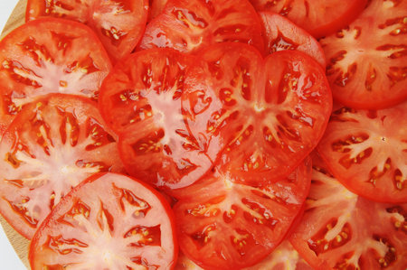 Fresh tomato slices close-up. vegetable food backgroundの写真素材