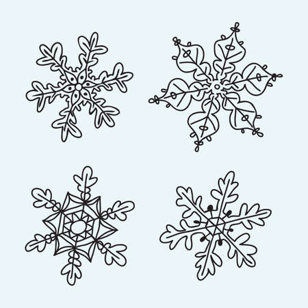 Set of free hand drawing style Snowflakes element. Winter holyday Transporent with black contur decorating shape set of 4のイラスト素材