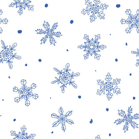 Seamless pattern of hand drawing Snowflakes contur blue color element. Different size and shape of...