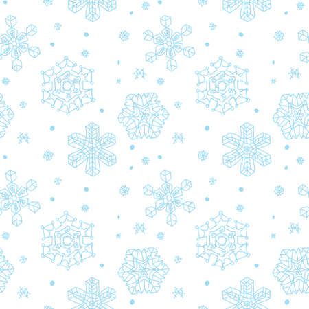 Seamless pattern of hand drawing Snowflakes contur light blue element. Different size and shape of...