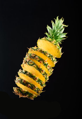 Still life. Big beautiful juicy pineapple cut into lobes on a dark backgroundの写真素材
