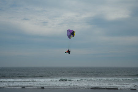 Landscape. A large beach with black volcanic sand, the ocean and a parachute tricycle flying over the wavesの写真素材