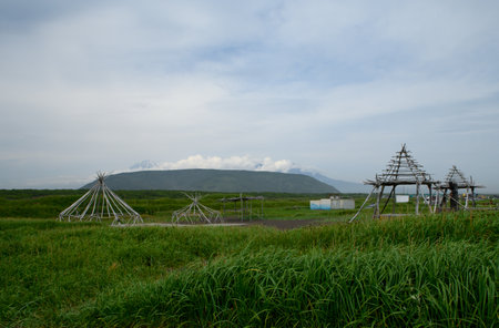 Landscape. view of the national tourist park under construction in the area of the Khalaktyr beach with black volcanic sand.の写真素材