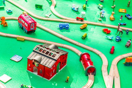 Playground of artificial color materials with cars and railway