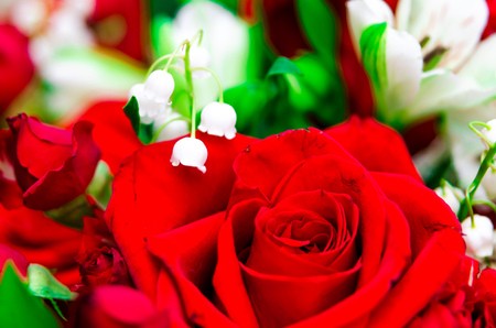 bouquet combines lilies of the valley and rosesの写真素材