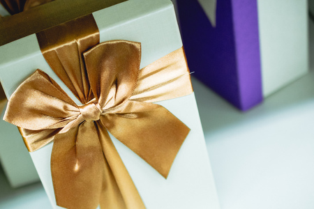 gift boxes decorated with a bowの写真素材