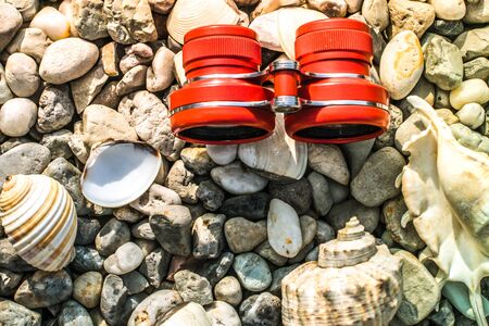 binoculars red or pink on a pebble beach with shellsの写真素材