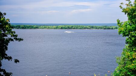 river view with passenger ships from the high Bank on a clear summer dayの写真素材
