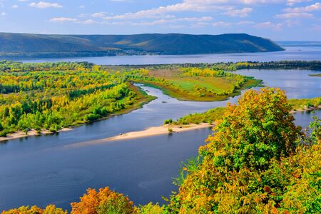 view of the Volga river in the Zhiguli mountains on a clear Sunny day in early autumnの写真素材