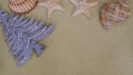 Christmas decorations and Christmas toys combined with sea stars and shellsの写真素材
