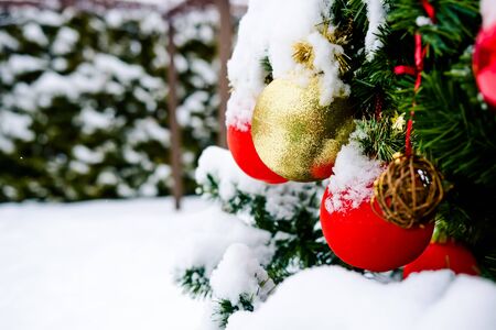 large figures of Santa Claus and snowman in the winter Parkの写真素材