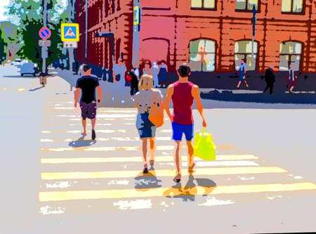 pedestrian crossing in the city on a sunny summer dayの写真素材