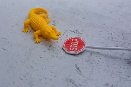 bright yellow toy crocodile in an unusual situationの写真素材