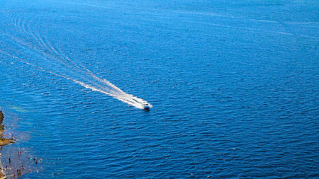landscape, view of the river, Volga, boats go on the river and people do water sportsの写真素材