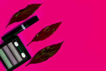 women's perfumes and cosmetics with plant leaves on a colored backgroundの写真素材