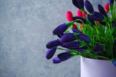 crocuses - artificial flowers of white, blue and redの写真素材