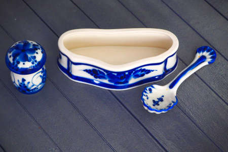 dishes made, painted in the style of gzhelの写真素材