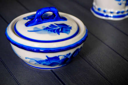 dishes made, painted in the style of gzhelの写真素材