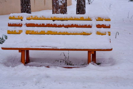 Wooden bench covered with snow in the park on a winter dayの写真素材