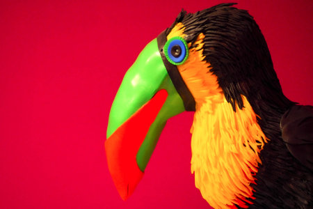 Toucan with bright orange and green eyes on a red backgroundの写真素材