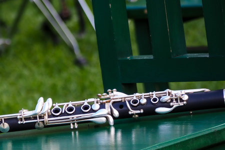 clarinet on a green chair in the park, close-up