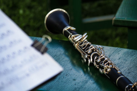 Clarinet on a table in a park, close-upの写真素材