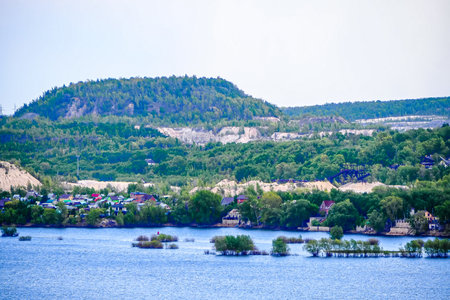 Beautiful view of the lake and the mountains in the summer.の写真素材