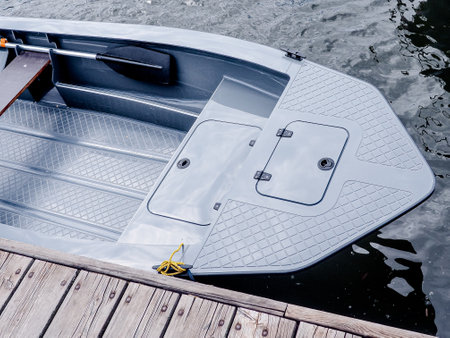 Boat on the pier of the lake. View from above.の写真素材