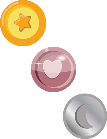 Set of three coins vector illustration. Heart, star, crescent moon coins.のイラスト素材