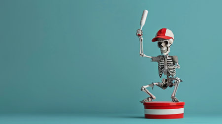 A playful skeleton figurine, wearing a cap and holding a bat, poses cheerfully against a vibrant blue background.の素材
