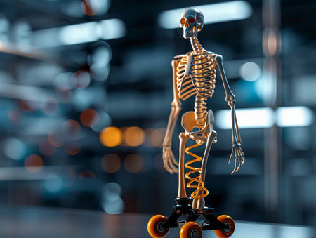 A creative concept of a skeleton figure skating on roller skates, showcasing movement in a vibrant, blurred background.の素材