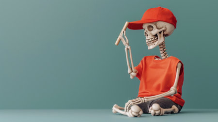 A playful skeleton wearing a red cap and shirt, sitting relaxed against a green background, perfect for fun and quirky themes.の素材
