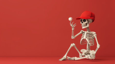 A playful skeleton wearing a red cap, sitting against a vibrant red background, holding a golf ball in a humorous pose.の素材