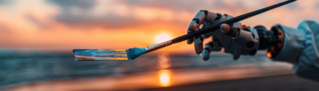 A creative hand holding a paintbrush during a stunning sunset over the ocean, capturing the beauty of art and nature.の素材