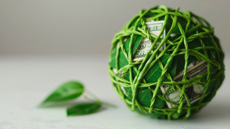 A creative concept featuring a green ball wrapped with leaves and cash, symbolizing wealth and sustainability in a modern environment.の素材