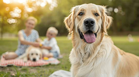 A happy golden retriever plays in a sunny park with a family, showcasing the joy of pet companionship in nature.の素材