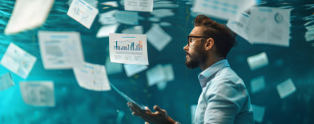 A man immersed in an underwater world surrounded by floating documents, illustrating the burden of information overload.の素材