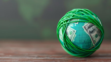A globe wrapped in green rubber bands symbolizes economic growth and environmental awareness in finance.の素材