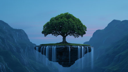 A serene floating tree above cascading waterfalls, surrounded by majestic mountains at dusk, symbolizing beauty and tranquility.の素材