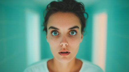 A surprised woman stares directly at the camera in a bright, turquoise setting, capturing an intense emotional moment.の素材