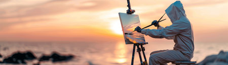 An artist paints a serene sunset over the ocean, capturing the beauty of nature on canvas, reflecting creativity and passion.の素材