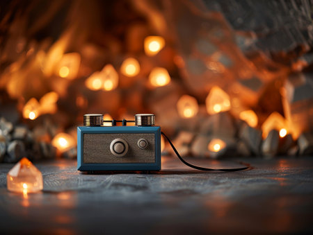 A vintage camera rests against a backdrop of warm lights and crystals, creating a cozy and artistic atmosphere.の素材
